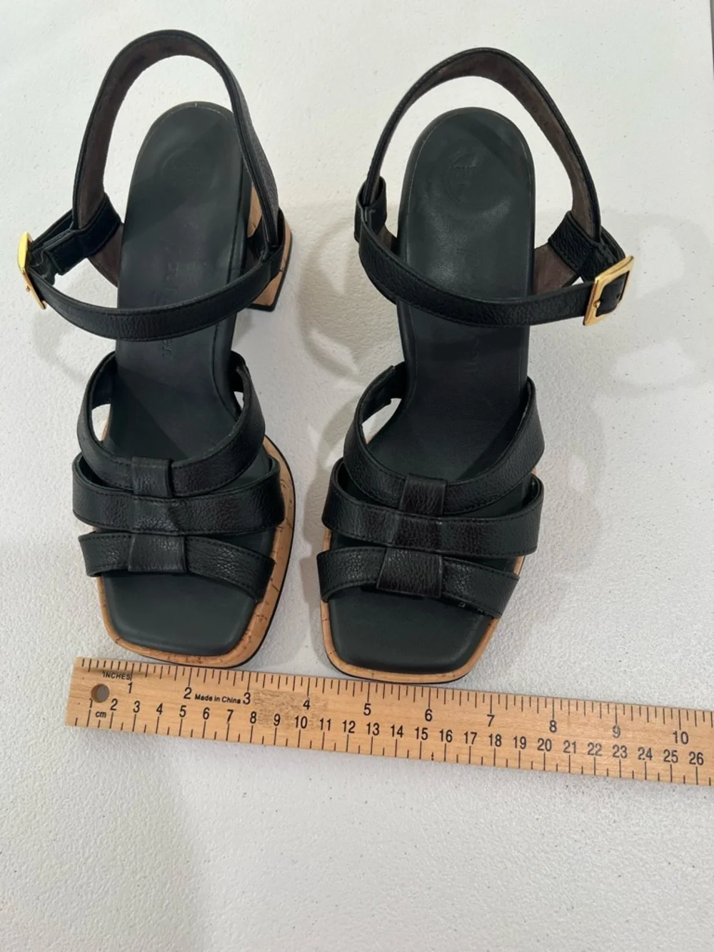 PAUL GREEN Black Leather Cork-Platform Strappy Sandals  comfor insole 7